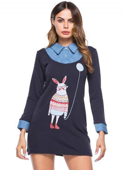 Oasap Cartoon Printed Long Sleeve Mini Fleece Dress