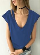 Oasap Solid Deep V Neck Short Sleeve Loose Tee