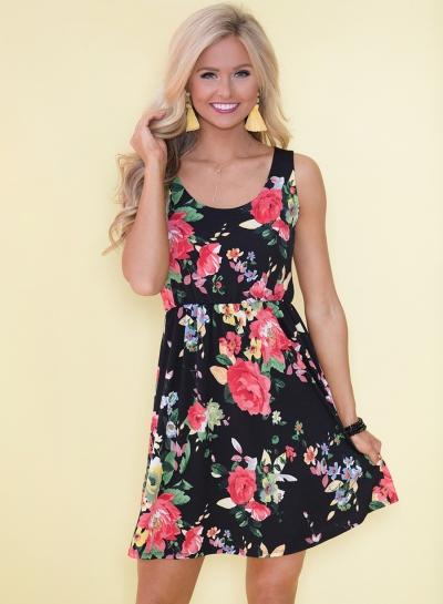 Oasap Casual Floral Printed High Waist Sleeveless Round Neck Mini Dress