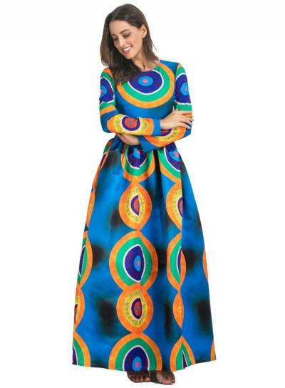 Oasap Round Neck Long Sleeve Printed Maxi Dress