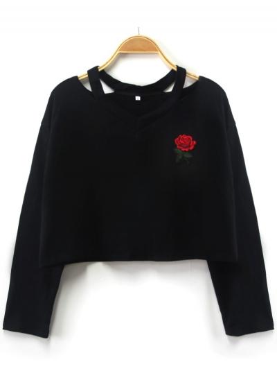 Oasap V Neck Long Sleeve Rose Embroidery Crop Top