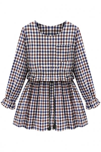 Oasap Mixed Plaid Print Drawstring Tunic