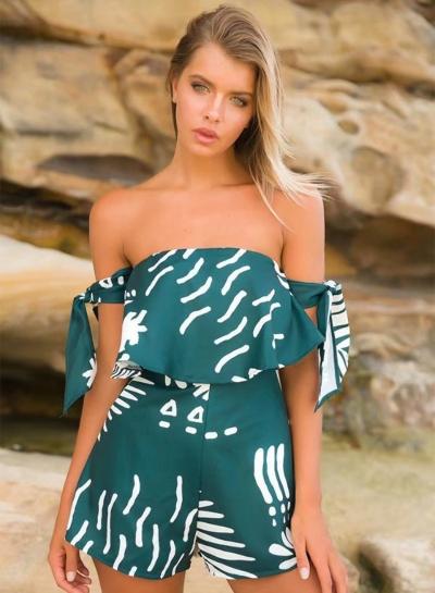Oasap Off Shoulder Palm Leaf Printed Romper