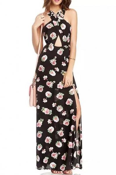 Oasap Black Floral Crisscross Front Side Slit Dress