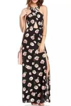 Oasap Black Floral Crisscross Front Side Slit Dress