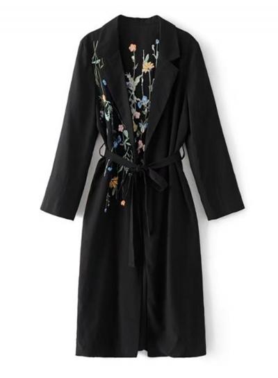 Oasap Turn Down Collar Long Sleeve Floral Embroidery Coat With Belt