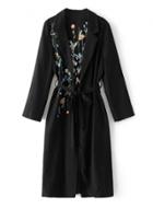 Oasap Turn Down Collar Long Sleeve Floral Embroidery Coat With Belt