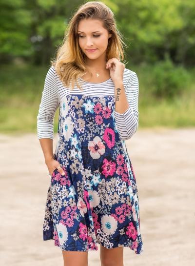 Oasap Striped Sleeve Round Neck Floral Print Dress