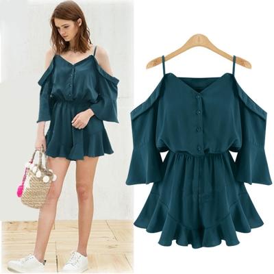 Oasap Spaghetti Strap Off Shoulder Elastic Waist Mini Chiffon Dress