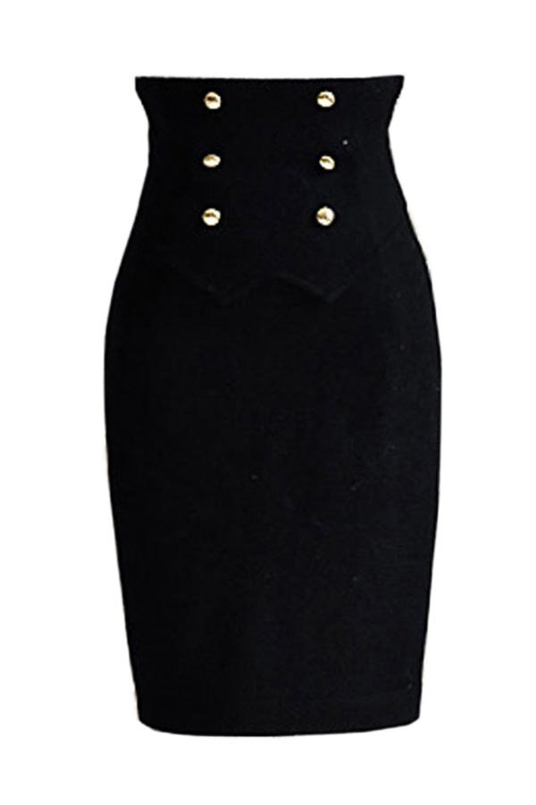 Oasap High Waistline Double Breasted Black Skirt