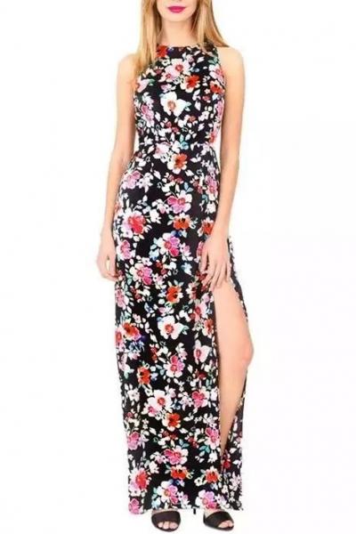 Oasap Floral Print Sleeveless Split Dress