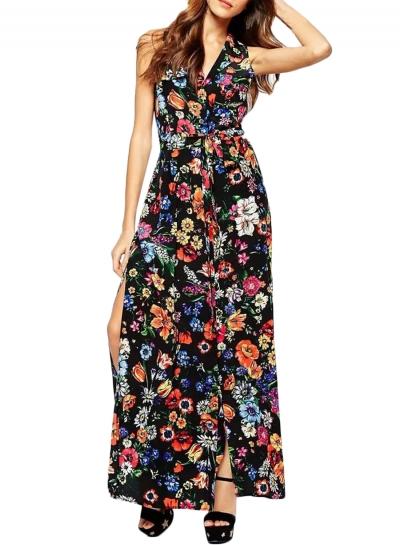 Oasap Women's Floral Print V Neck Tie Waist Button Down Maxi Dress