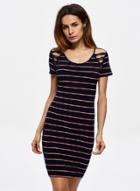 Oasap Short Sleeve Hollow Out Stripped Bodycon Dress
