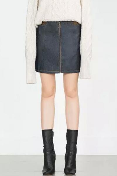 Oasap Faux Suede Paneled Zip Front Denim Skirt