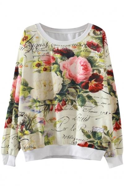 Oasap Stylish Floral Printing Letter Pattern Sweatshirt
