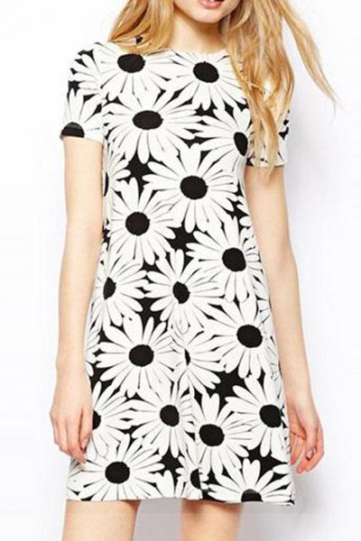 Oasap Sweet Daisy Print A Line Dress