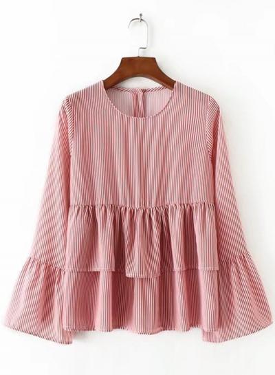 Oasap Round Neck Striped Flounce Sleeve Blouses