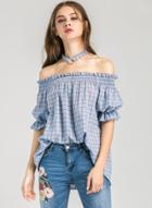 Oasap Plaid Off Shoulder Short Sleeve Blouse