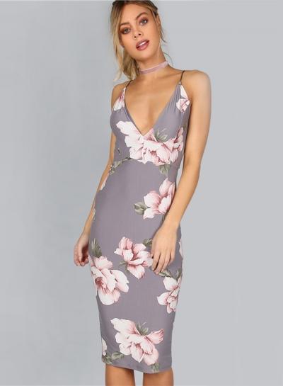 Oasap Floral V Neck Backless Bodycon Party Dress
