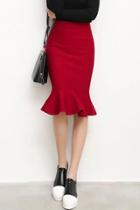 Oasap Solid Color High Waist Flouncing Hem Midi Skirt
