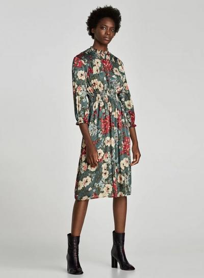 Oasap Floral Print 3/4 Sleeve High Waist Midi Dress