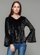Oasap Fashion V Neck Flare Sleeve Pullover Tee
