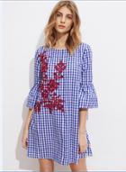 Oasap Floral Embroidery Plaid Flare Sleeve Dress