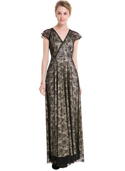 Oasap V Neck Floral Lace Maxi Evening Dress