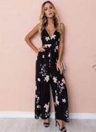 Oasap Fashion Floral Printed Spaghetti Strap Backless V Neck Jumpsuits