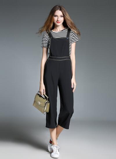 Oasap Simple Short Sleeve Stripped Tee Shirt Set