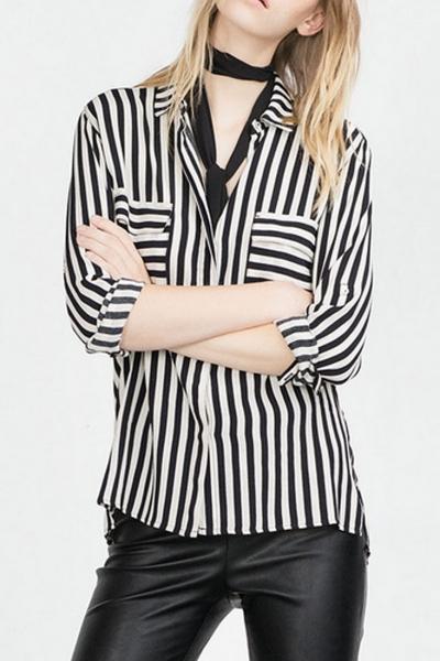 Oasap Stripe Patch Pocket Button Down Shirt