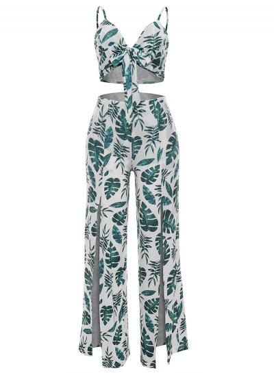 Oasap Spaghetti Strap Off Shoulder Leaves Print Blouse Pants Set