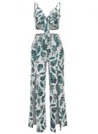 Oasap Spaghetti Strap Off Shoulder Leaves Print Blouse Pants Set