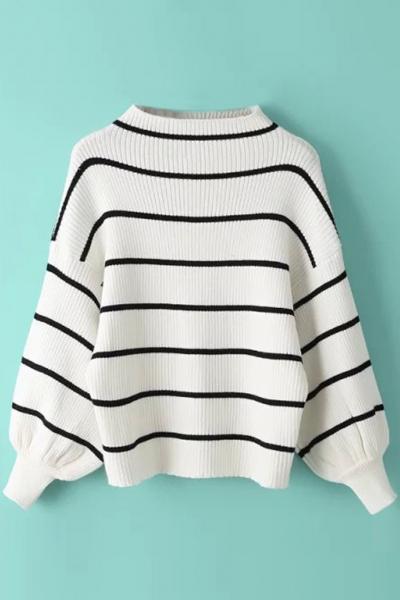 Oasap Classic Stripe Batwing Sleeve Monk Neck Sweater
