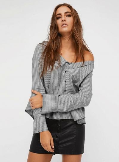 Oasap V Neck Long Sleeve Striped Button Down Shirt