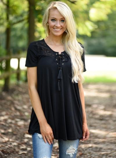 Oasap Fashion Short Sleeve Lace-up Pullover Tee