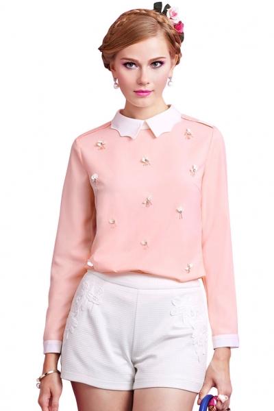 Oasap Demure Beading Pink Chiffon Blouse