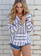 Oasap V Neck Long Sleeve Striped Hooded Sweater