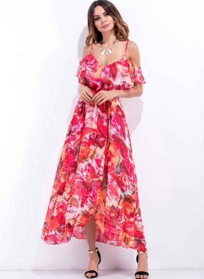 Oasap Spaghetti Strap Flounce Sleeve Floral Print Off Shoulder Maxi Dress