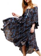 Oasap Women's Boho Floral Print Off Shoulder Asymmetric Maxi Dress