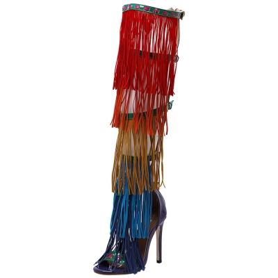 Oasap Over The Knee High Stiletto Tassel Sandals