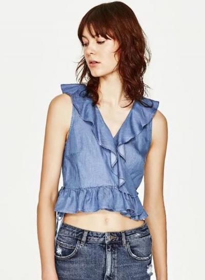 Oasap Fashion V Neck Sleeveless Ruffle Denim Tank