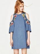 Oasap Off Shoulder Short Sleeve Floral Embroidery Mini Denim Dress