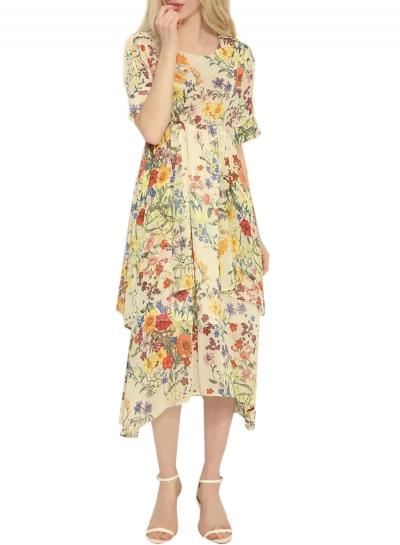 Oasap Women's Floral Print Round Neck Asymmetric Chiffon Dress