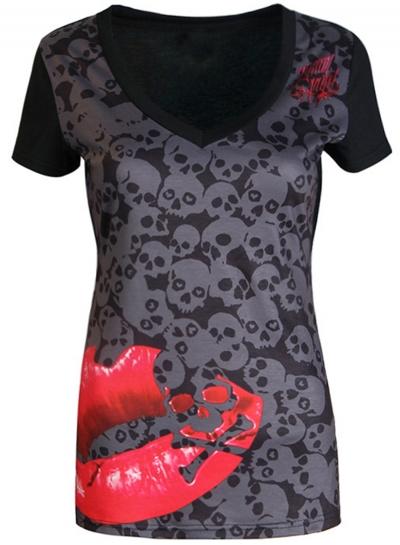 Oasap Hallowmas V Neck Skull Lip Printed Short Sleeve Tee