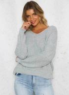 Oasap V Neck Long Sleeve Back Lace-up Knit Sweater
