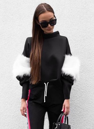 Oasap High Neck Long Sleeve Fur Splicing Pullover Sweateshirt
