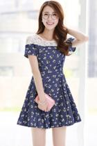Oasap Floral Print Lace Paneled Fit Flare Dress