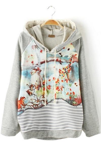Oasap Cartoon Print French Terry Hoodie