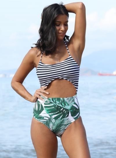 Oasap Fashion Stripe Palm Leaf Printed Swimsuit